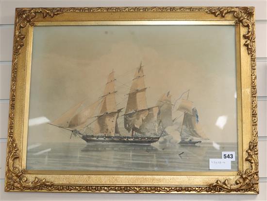 Early 19th century English School, coloured aquatint, Naval encounter, 36 x 50cm